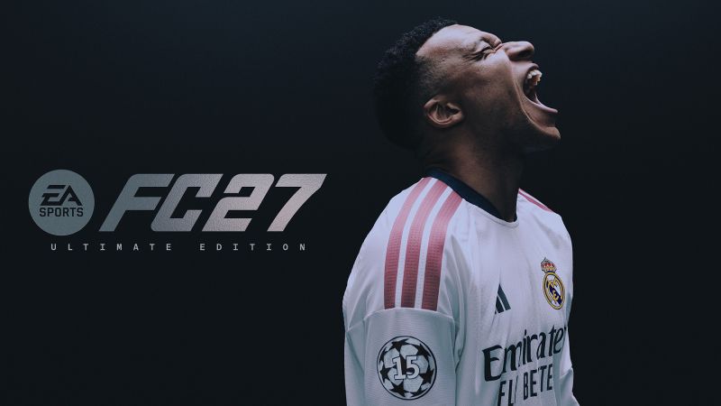 Imagen promocional de la portada de la Ultimate Edition del videojuego EA SPORTS FC 27. A la izquierda, sobre un fondo gris oscuro mate con textura suave, se ubica el logotipo oficial con el texto EA SPORTS en la parte superior, seguido del título FC27 en letras grandes en tono plateado brillante con estilo metálico, y debajo la leyenda ULTIMATE EDITION. A la derecha de la imagen aparece el futbolista Kylian Mbappé de perfil mirando hacia arriba con la boca abierta en un gesto de festejo efusivo. Viste el uniforme de local blanco del Real Madrid con el escudo del equipo en el pecho, el logotipo de la marca Adidas y el patrocinador Emirates Fly Better. En su manga derecha destaca el parche circular blanco con el número 15 correspondiente a los títulos de la UEFA Champions League.