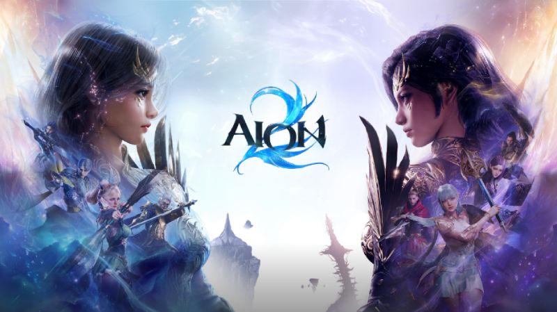 Ilustración clave de arte conceptual para el juego AION 2. En el centro destaca el logotipo del juego con el texto AION 2 en tonos azul brillante y metálico. A ambos lados se aprecian dos personajes femeninos en primer plano enfrentadas de perfil: a la izquierda, una Daeva de luz con cabello claro, adornos dorados en la cabeza y armadura plateada con detalles dorados; a la derecha, una Daeva oscura con cabello negro, corona dorada y túnica mística en tonos morados. En segundo plano se observan personajes secundarios preparados para el combate con espadas, arcos y bastones mágicos sobre un fondo de islas flotantes y un cielo místico en tonos azules y púrpuras.