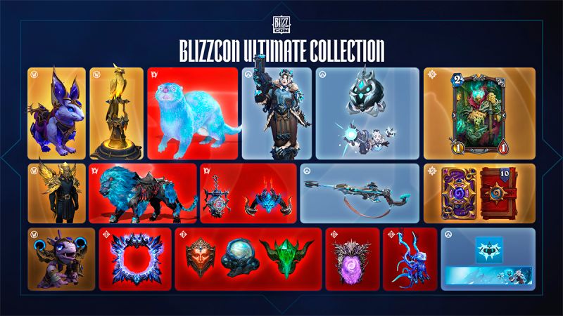Colección Definitiva de la BlizzCon 2026 disponible en la tienda Battle.net Imagen promocional oficial con fondo oscuro en retícula que muestra todas las recompensas digitales de la Colección Definitiva de la BlizzCon 2026. Arriba al centro destaca el logotipo de BlizzCon junto al texto "BLIZZCON ULTIMATE COLLECTION". Las tarjetas ilustrativas están agrupadas por juego en recuadros de colores: a la izquierda, los objetos de World of Warcraft en fondo naranja y morado con un fénix dorado y el conejo alado Xal'iebre; al centro superior, Diablo IV con una nutria azul brillante Hocicaudal y un felino azabache; en azul, Overwatch con la skin Mei Reina Exánime y el arma Agonía de Escarcha de Ana; a la derecha, en amarillo, la carta Mago sangriento Thalnos y dorsos de cartas de Hearthstone; en la parte inferior se incluyen los trofeos de Diablo Immortal, mascotas adicionales y tarjetas de perfil.