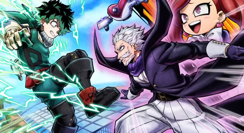 Ilustración al estilo anime que muestra a Izuku Midoriya (Deku) a la izquierda, envuelto en rayos de energía verde de su Quirk One For All, preparando un puñetazo. Frente a él a la derecha se encuentra Gentle Criminal con su abrigo morado, bigote blanco y bufanda, saltando hacia la acción mientras al fondo destaca el rostro sonriente de La Brava rodeada de un aura rosada.