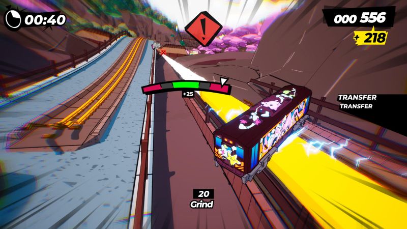 Un tren realizando una maniobra de grind sobre una barrera lateral de la vía con chispas e indicadores de truco "TRANSFER" y barra de equilibrio en pantalla.