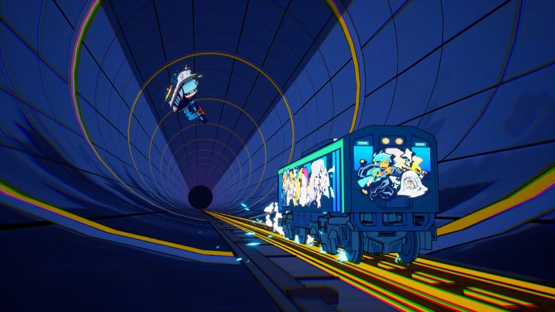 Dos trenes personalizados con coloridos grafitis recorriendo un túnel circular iluminado con luces azules y amarillas.