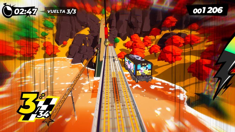 Toma aérea de un tren cruzando un gran puente sobre un río rodeado de árboles con follaje otoñal rojo y naranja en Japón.