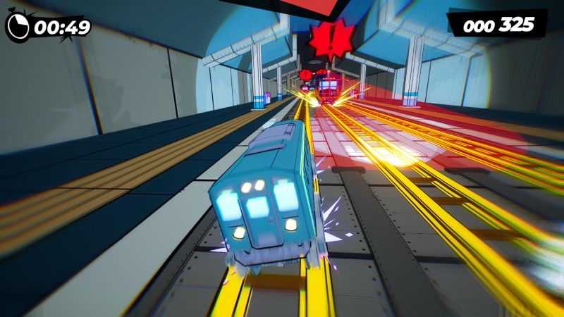 Perspectiva trasera de un tren azul avanzando a toda velocidad dentro de una estación de metro subterránea esquivando otros trenes que vienen en sentido contrario.