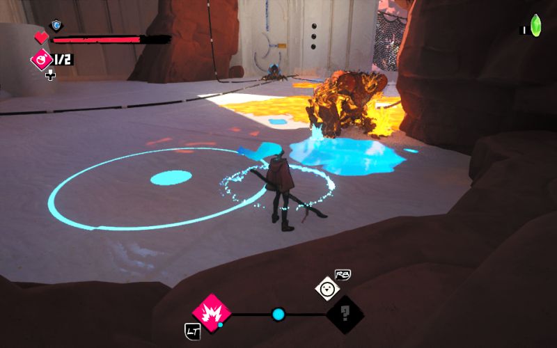 Enfrentamiento táctico elemental en Fading Echo Escena de combate donde One se prepara para enfrentar a un enemigo rodeado de fuego y zonas de agua marcadas en el suelo de piedra.