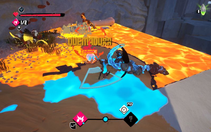 Combate sobre superficies de lava en Fading Echo One luchando contra criaturas sobre una zona cubierta de lava brillante con la palabra Quemadura sobre uno de los adversarios atacados.
