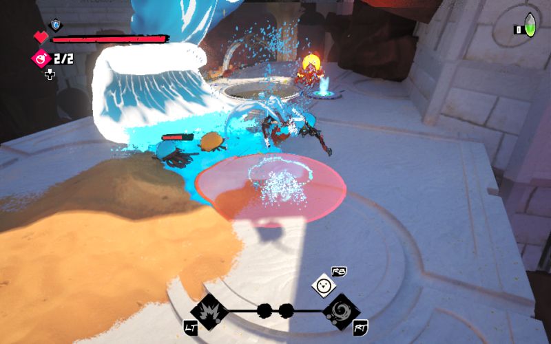 Ataque masivo de ola de agua en Fading Echo One invocando una gran ola de agua que barre el escenario e impacta directamente a varias criaturas durante un combate.
