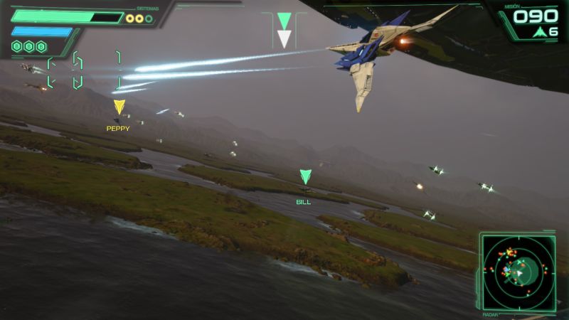 Star Fox — Combate aéreo en zona natural Arwing sobrevolando un paisaje con ríos y montañas durante un combate aéreo.