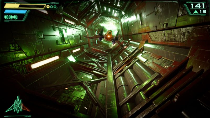 Star Fox — Secuencia en túnel tecnológico Nave avanzando por un túnel metálico iluminado con tonos verdes y naranjas.
