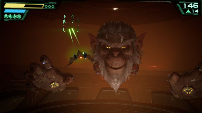 Star Fox — Combate contra Andross Nave enfrentando un rostro mecánico gigantesco con manos robóticas.