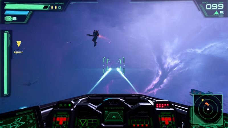 Star Fox — Combate desde la cabina Vista desde la cabina de una nave disparando hacia un objetivo en el espacio.