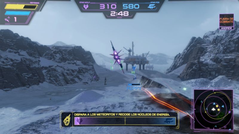 Star Fox — Batalla en región nevada Nave volando en zona nevada con indicadores de combate y objetivos.