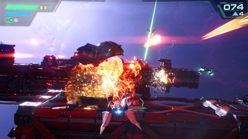 Star Fox — Ataque a estación enemiga Nave disparando contra estructura espacial que explota.