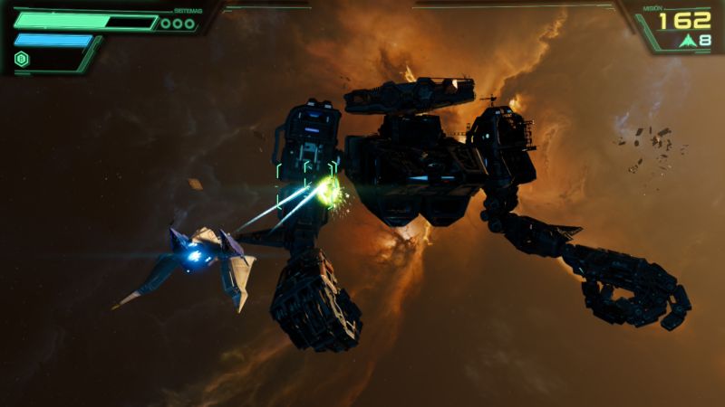 Star Fox — Asalto espacial Nave disparando rayos verdes hacia una estructura armada en el espacio.