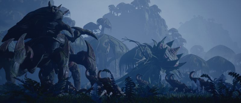 Criaturas e insectoides alienígenas en ZeroSpace Captura del entorno que muestra a una facción de criaturas alienígenas de aspecto arácnido e insectoide emergiendo en un bosque alienígena oscuro y denso.
