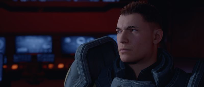 El comandante Aster en una cinemática de ZeroSpace Plano medio cinematográfico en el puente de mando de una nave espacial enfocado en el comandante Aster, luciendo una armadura metálica con hombreras voluminosas.