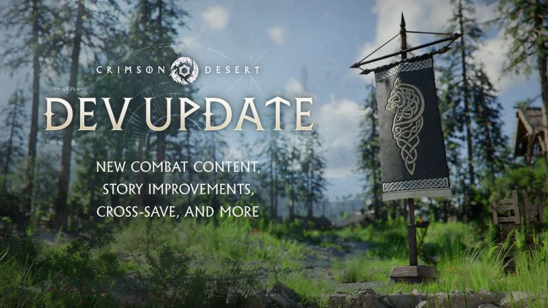 Crimson Desert – Dev Update Ilustración promocional con un estandarte medieval en un entorno boscoso, acompañada de texto alusivo a una actualización de desarrollo.