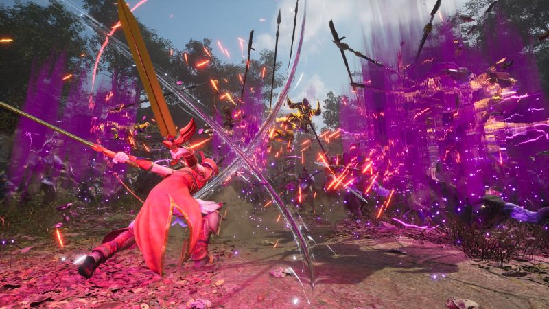 Dynasty Warriors 3 Remastered – Acción en combate Escena de acción con un guerrero realizando un ataque energético contra varios enemigos en un entorno boscoso.