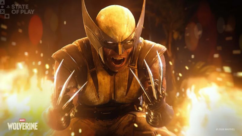 Marvel’s Wolverine – Arte promocional Ilustración de un personaje con garras metálicas extendidas en un entorno envuelto en fuego y destellos.