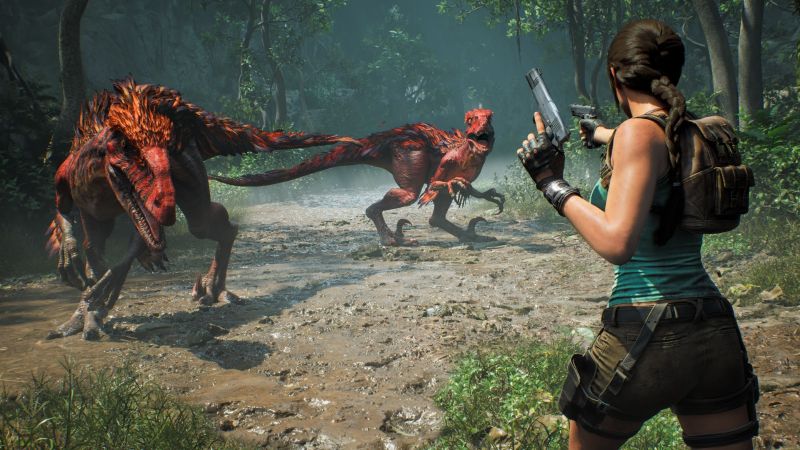 Tomb Raider: Legacy of Atlantis – Primer vistazo Ilustración de una exploradora armada enfrentando criaturas prehistóricas en un entorno selvático.