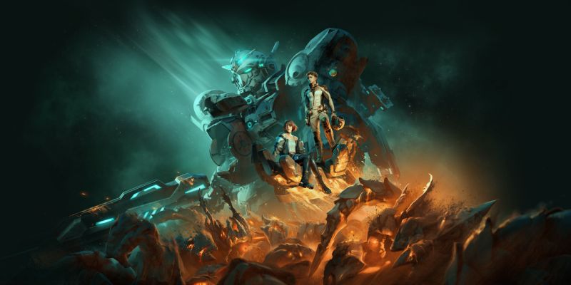 Gundam Rogue Orbit – Primer vistazo oficial Escena de ciencia ficción con un mecha de gran tamaño iluminado en tonos azules detrás de dos pilotos humanos, rodeados de un entorno caótico con estructuras incandescentes.