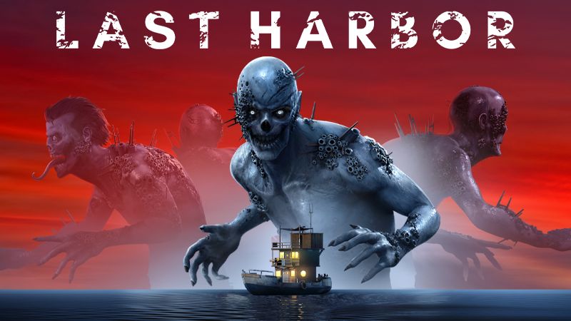 Last Harbor – Arte conceptual oficial Tres criaturas gigantes emergen del agua frente a una pequeña embarcación, en un entorno de tonos rojos y atmósfera ominosa.