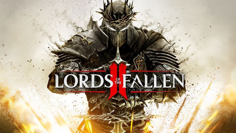 Lords of the Fallen II – Arte oficial Guerrero acorazado con casco oscuro sostiene una espada mientras el entorno se llena de humo y fuego.