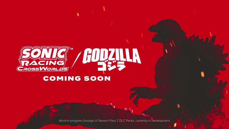 Silueta de una criatura gigante sobre fondo rojo junto a logotipos de dos franquicias, con un anuncio de contenido próximo.