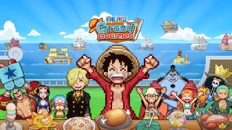 “One Piece: Grand Gourmet” – Arte promocional Personajes en estilo pixelado celebran alrededor de una mesa repleta de comida en un entorno marítimo colorido.
