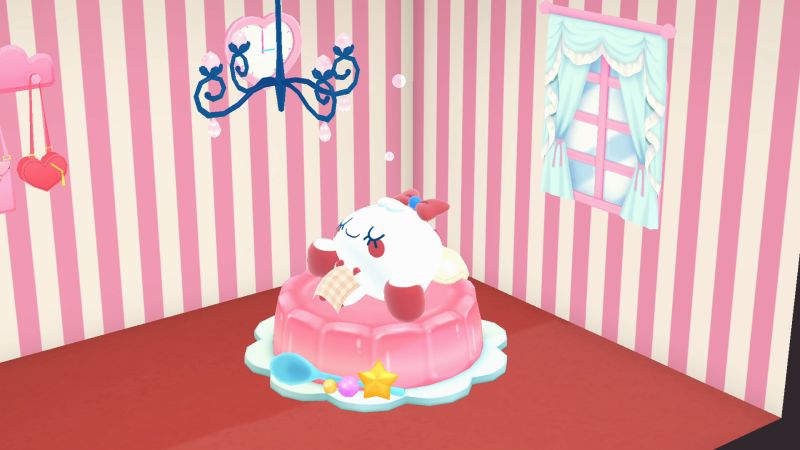 Personaje rosado dormido sobre un postre decorado en un entorno colorido y acogedor.