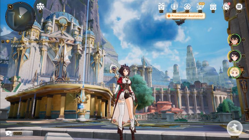 Captura de un videojuego de fantasía con una protagonista sosteniendo un bastón en una ciudad de arquitectura monumental.