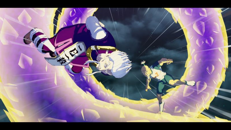 “HUNTER×HUNTER NEN×IMPACT – Zeno” Dos personajes combaten mientras una onda de energía serpenteante impacta en el escenario.
