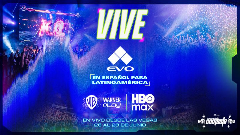 Evo Las Vegas 2026 – Transmisión Latinoamérica Escenario competitivo con público celebrando mientras una pantalla gigante muestra un momento decisivo de un juego de pelea.
