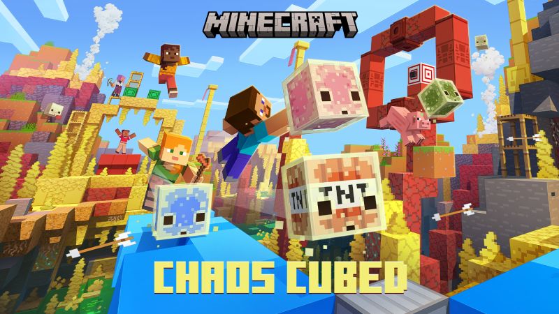 Arte promocional con personajes de Minecraft interactuando con cubos, criaturas y bloques en un entorno dinámico y colorido.