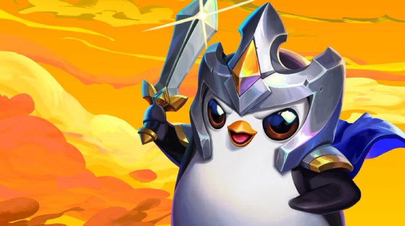 Ilustración de un personaje estilo pingüino con casco metálico y espada levantada, sobre un fondo de nubes anaranjadas.
