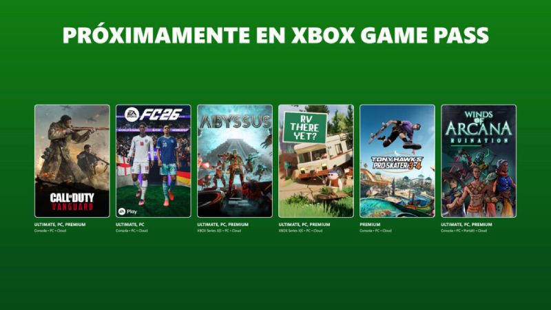 Xbox Game Pass Próximamente Banner promocional con varias portadas de videojuegos alineadas sobre un fondo verde, representando próximos lanzamientos en Xbox Game Pass.