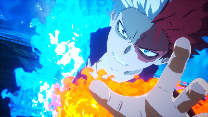 My Hero Academia All’s Justice Ilustración de un personaje que combina poderes de fuego y hielo en una escena de acción.