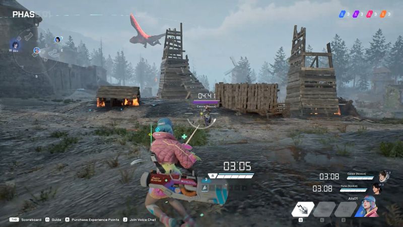 Time Takers Beta Gameplay Captura de pantalla de un videojuego de acción en tercera persona con personajes equipados y un entorno exterior de combate.