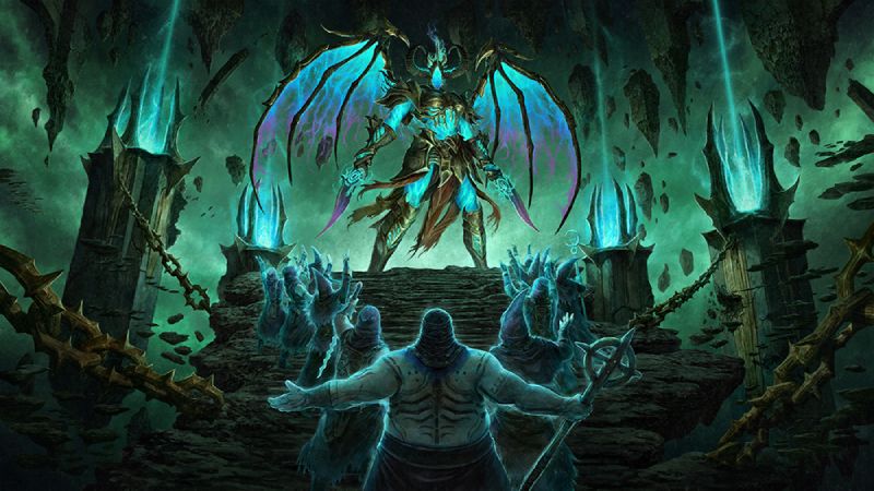 Diablo IV – Temporada del Despertar de la Muerte Escena de fantasía oscura con una figura alada de gran tamaño rodeada de energía azul y púrpura en un entorno cavernoso.