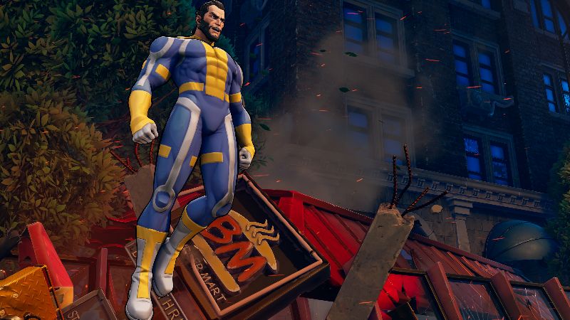 El Inmortal en Invincible VS – Arte promocional Personaje de apariencia heroica posando sobre escombros en un entorno urbano destruido, iluminado por tonos cálidos y humo ascendente.