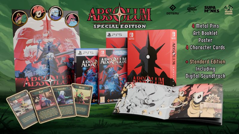 Edición especial de “Absolum” Material promocional que muestra una edición especial de videojuego con pines metálicos, tarjetas de personaje, póster, booklet y cajas físicas para distintas plataformas.