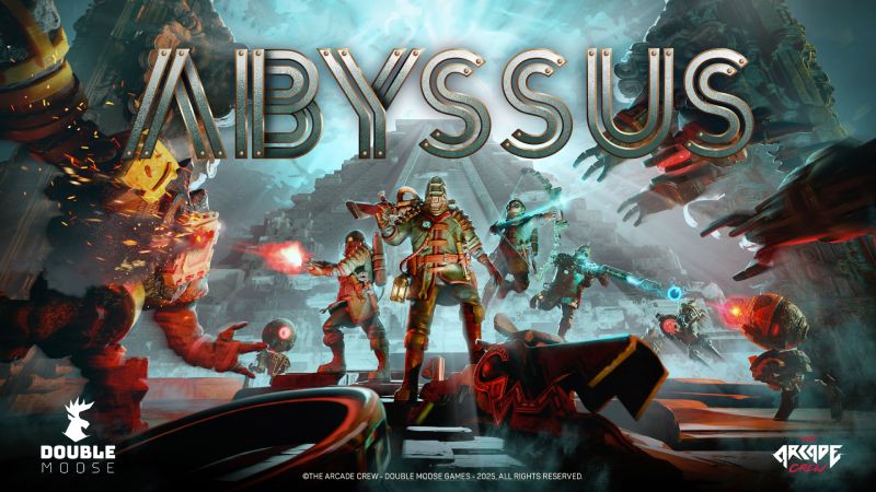Promoción del lanzamiento de “Abyssus” Material promocional con personajes armados en un entorno de ciencia ficción, acompañados por una estructura piramidal iluminada en tonos azules y rojos.