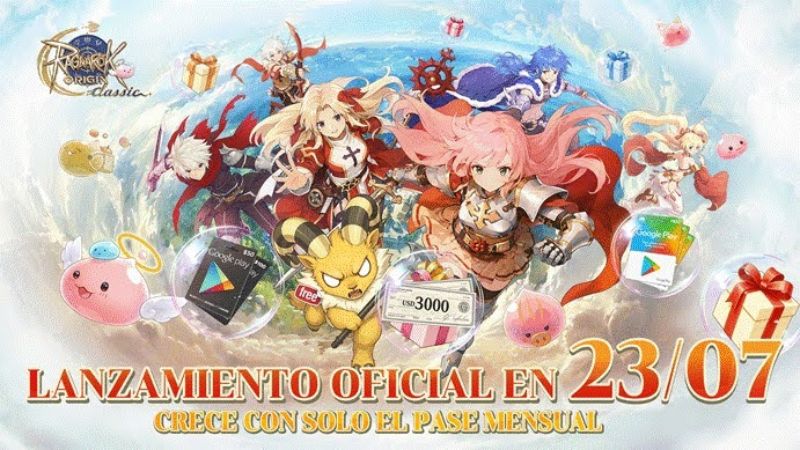 Promoción de lanzamiento de “Ragnarok Origin: Classic” Material promocional con personajes de estilo anime en un entorno colorido, acompañado de elementos visuales alusivos a recompensas y lanzamiento del juego.