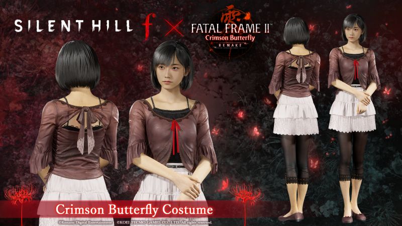 Personaje femenino con vestimenta detallada en tonos oscuros y claros, mostrado desde varios ángulos sobre un fondo oscuro con elementos decorativos rojos.