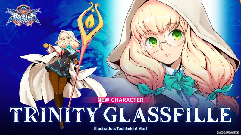 Trinity Glassfille en arte promocional de BLAZBLUE CENTRALFICTION Ilustración de una joven con capa blanca, vestido oscuro y báculo dorado, en estilo artístico de videojuego.