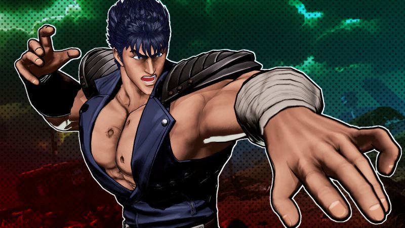 Ilustración de un personaje musculoso en pose de combate dentro de un entorno dinámico de acción.