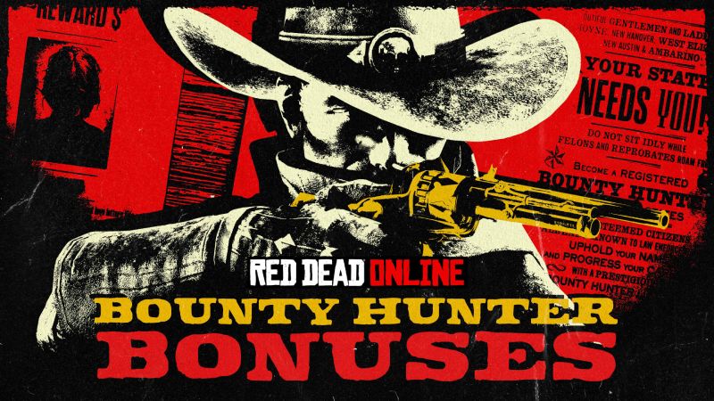 Promocional oficial de Red Dead Online – Bounty Hunter Bonuses Arte promocional con estética del Viejo Oeste y figura armada representando el rol de cazarrecompensas.