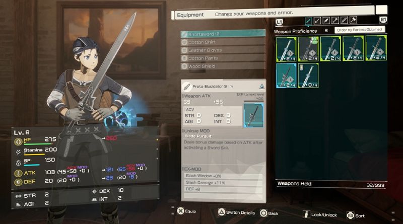 Interfaz de equipo y atributos Pantalla de equipo y estadísticas con arma Proto-Elucidator equipada.