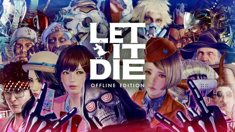 Póster oficial de Let It Die: Offline Edition Ilustración promocional con personajes del universo Let It Die en distintos estilos visuales, acompañados por el logotipo del juego y la indicación de su edición offline.