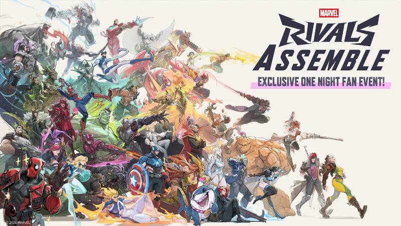 Ilustración promocional con numerosos personajes del universo Marvel en poses dinámicas, acompañados por el logotipo del evento Marvel Rivals Assemble.